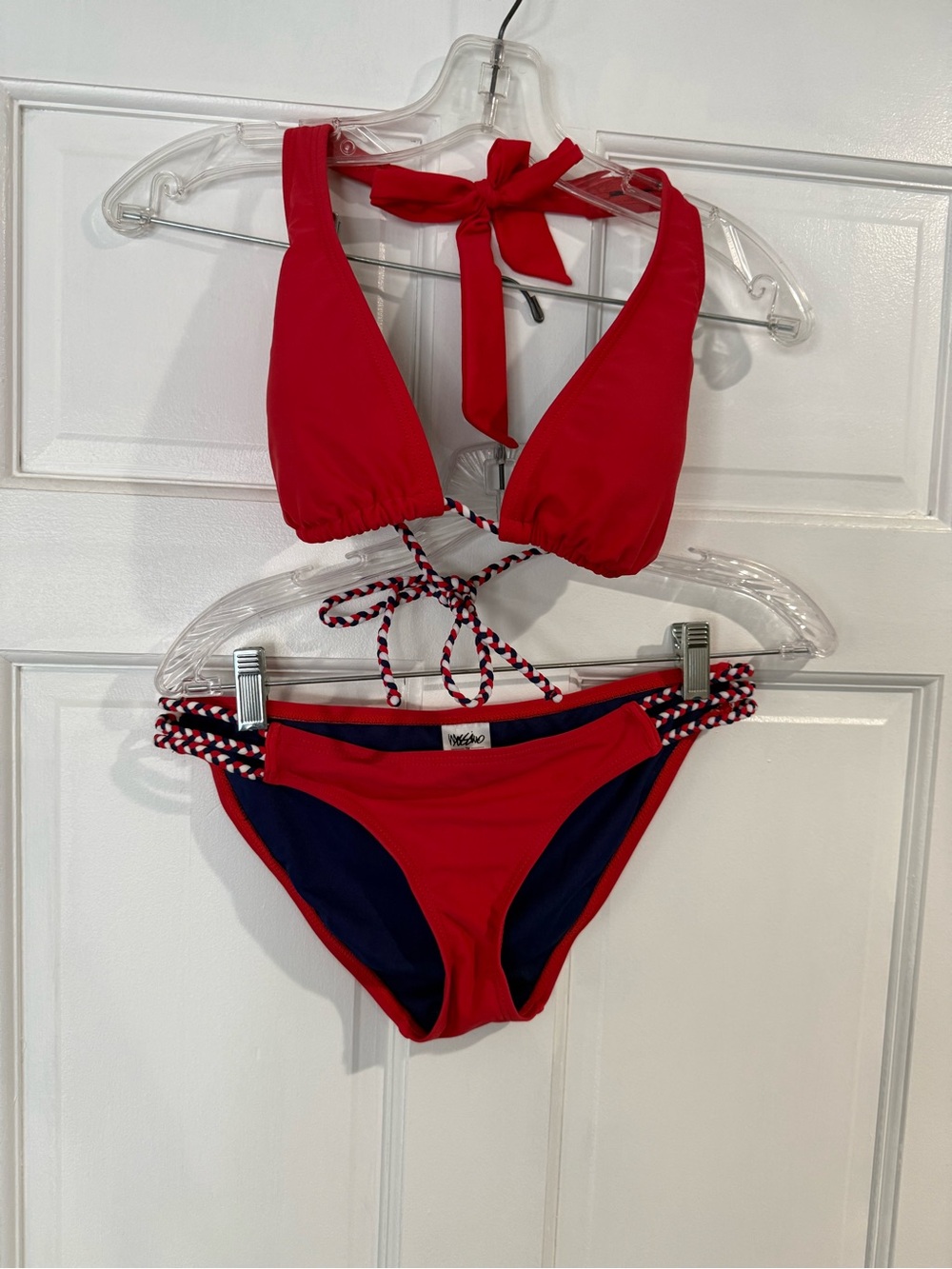 Red Halter Bikini Set with Navy Accents - Women Swim M top S bottom